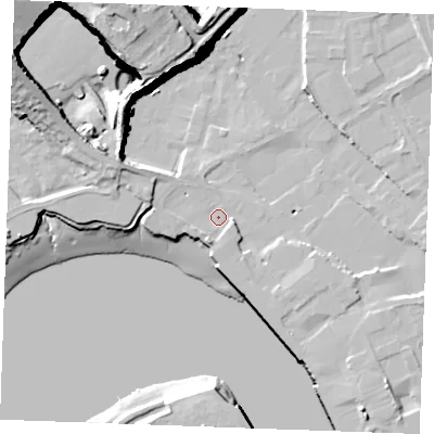 Shaded relief map of the ground around ME24EF, computed from Environment Agency LiDAR. The ground here sits at about 4 m above sea level and falls 44 m across the surrounding 800 m. Surface water reaching this point runs off ground lying to the south-south-west, 2.4 m higher.