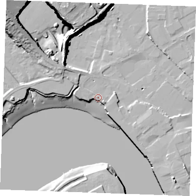 Shaded relief map of the ground around ME24EJ, computed from Environment Agency LiDAR. The ground here sits at about 5 m above sea level and falls 43 m across the surrounding 800 m. Surface water reaching this point runs off ground lying to the north-west, 3.2 m higher.