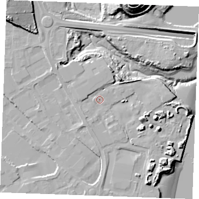 Shaded relief map of the ground around ME24EL, computed from Environment Agency LiDAR. The ground here sits at about 5 m above sea level and falls 36 m across the surrounding 800 m. Surface water reaching this point runs off ground lying to the north-east, 7.4 m higher.