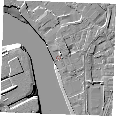 Shaded relief map of the ground around ME24EN, computed from Environment Agency LiDAR. The ground here sits at about 5 m above sea level and falls 13 m across the surrounding 800 m. Surface water reaching this point runs off ground lying to the north-east, 2.8 m higher.