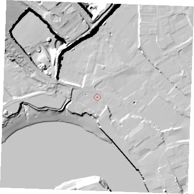 Shaded relief map of the ground around ME24EQ, computed from Environment Agency LiDAR. The ground here sits at about 4 m above sea level and falls 44 m across the surrounding 800 m. Surface water reaching this point runs off ground lying to the west, 3.5 m higher.