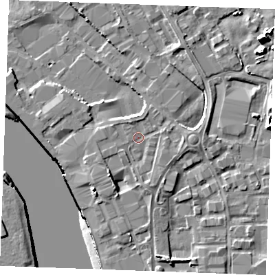 Shaded relief map of the ground around ME24ER, computed from Environment Agency LiDAR. The ground here sits at about 6 m above sea level and falls 16 m across the surrounding 800 m. Surface water reaching this point runs off ground lying to the south-west, 3.7 m higher.