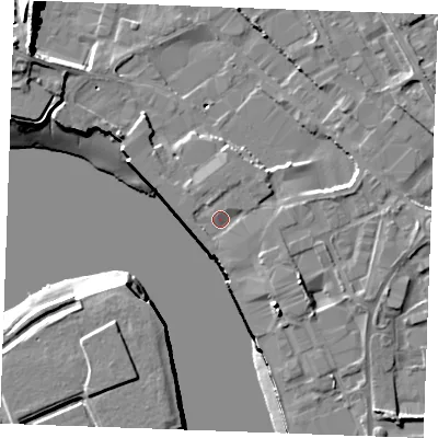 Shaded relief map of the ground around ME24ES, computed from Environment Agency LiDAR. The ground here sits at about 5 m above sea level and falls 26 m across the surrounding 800 m. Surface water reaching this point runs off ground lying to the north-north-east, 1.4 m higher.
