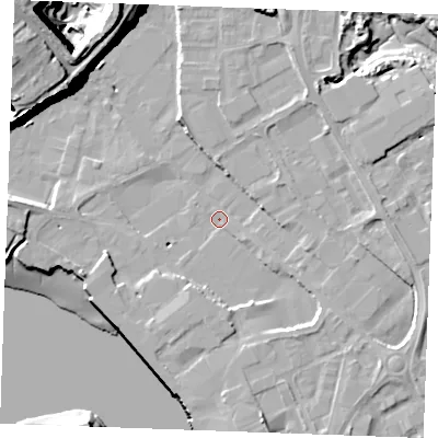 Shaded relief map of the ground around ME24EW, computed from Environment Agency LiDAR. The ground here sits at about 4 m above sea level and falls 42 m across the surrounding 800 m. Surface water reaching this point runs off ground lying to the south-south-east, 6.1 m higher.