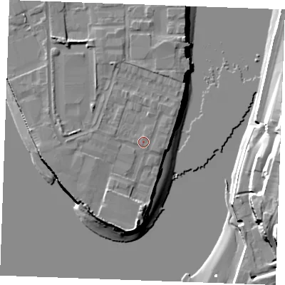 Shaded relief map of the ground around ME24FA, computed from Environment Agency LiDAR. The ground here sits at about 5 m above sea level and falls 22 m across the surrounding 800 m. Surface water reaching this point runs off ground lying to the north-north-west, 1.2 m higher.