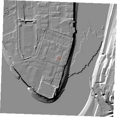 Shaded relief map of the ground around ME24FB, computed from Environment Agency LiDAR. The ground here sits at about 5 m above sea level and falls 23 m across the surrounding 800 m. Surface water reaching this point runs off ground lying to the north, 0.9 m higher.