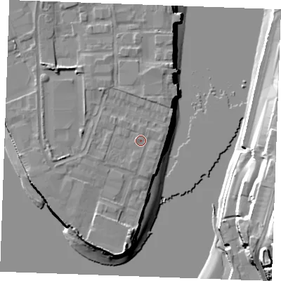 Shaded relief map of the ground around ME24FD, computed from Environment Agency LiDAR. The ground here sits at about 5 m above sea level and falls 23 m across the surrounding 800 m. Surface water reaching this point runs off ground lying to the west-north-west, 0.9 m higher.
