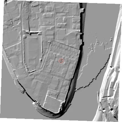 Shaded relief map of the ground around ME24FE, computed from Environment Agency LiDAR. The ground here sits at about 5 m above sea level and falls 19 m across the surrounding 800 m. Surface water reaching this point runs off ground lying to the north-west, 0.9 m higher.