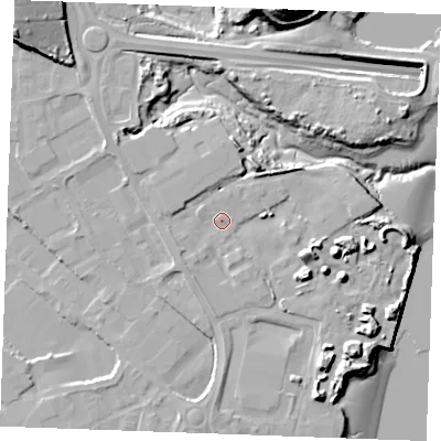 Shaded relief map of the ground around ME24FF, computed from Environment Agency LiDAR. The ground here sits at about 5 m above sea level and falls 29 m across the surrounding 800 m. Surface water reaching this point runs off ground lying to the south-south-east, 9.1 m higher.