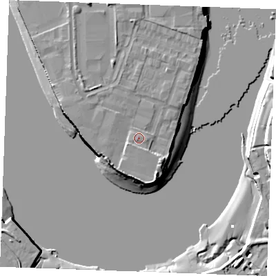 Shaded relief map of the ground around ME24FN, computed from Environment Agency LiDAR. The ground here sits at about 5 m above sea level and falls 18 m across the surrounding 800 m. Surface water reaching this point runs off ground lying to the west-south-west, 1.1 m higher.