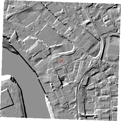 Shaded relief map of the ground around ME24FR, computed from Environment Agency LiDAR. The ground here sits at about 6 m above sea level and falls 12 m across the surrounding 800 m. Surface water reaching this point runs off ground lying to the north-north-west, 0.7 m higher.
