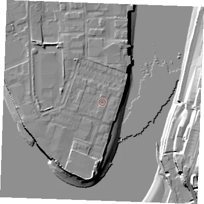 Shaded relief map of the ground around ME24FX, computed from Environment Agency LiDAR. The ground here sits at about 5 m above sea level and falls 23 m across the surrounding 800 m. Surface water reaching this point runs off ground lying to the north-west, 0.9 m higher.