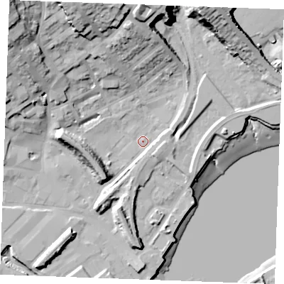 Shaded relief map of the ground around ME24GA, computed from Environment Agency LiDAR. The ground here sits at about 3 m above sea level and falls 32 m across the surrounding 800 m. Surface water reaching this point runs off ground lying to the north-west, 25.8 m higher.