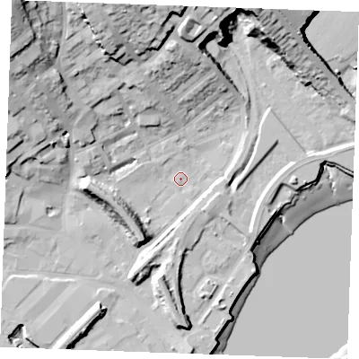 Shaded relief map of the ground around ME24GB, computed from Environment Agency LiDAR. The ground here sits at about 3 m above sea level and falls 36 m across the surrounding 800 m. Surface water reaching this point runs off ground lying to the north-west, 25.6 m higher.