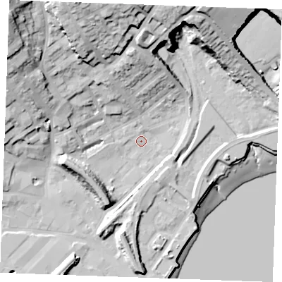 Shaded relief map of the ground around ME24GD, computed from Environment Agency LiDAR. The ground here sits at about 3 m above sea level and falls 41 m across the surrounding 800 m. Surface water reaching this point runs off ground lying to the north-west, 29.3 m higher.