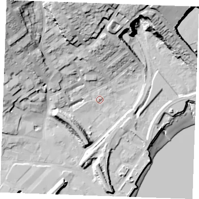 Shaded relief map of the ground around ME24GE, computed from Environment Agency LiDAR. The ground here sits at about 4 m above sea level and falls 40 m across the surrounding 800 m. Surface water reaching this point runs off ground lying to the north-west, 33.9 m higher.