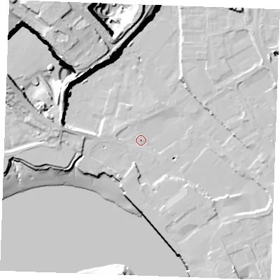 Shaded relief map of the ground around ME24GN, computed from Environment Agency LiDAR. The ground here sits at about 4 m above sea level and falls 45 m across the surrounding 800 m. Surface water reaching this point runs off ground lying to the west, 6.9 m higher.
