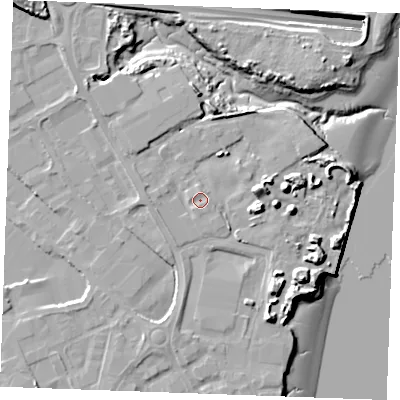 Shaded relief map of the ground around ME24GU, computed from Environment Agency LiDAR. The ground here sits at about 5 m above sea level and falls 17 m across the surrounding 800 m. Surface water reaching this point runs off ground lying to the north, 1.0 m higher.