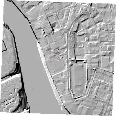 Shaded relief map of the ground around ME24HN, computed from Environment Agency LiDAR. The ground here sits at about 5 m above sea level and falls 12 m across the surrounding 800 m. Surface water reaching this point runs off ground lying to the north, 1.6 m higher.