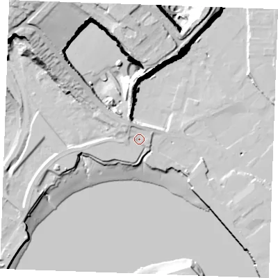 Shaded relief map of the ground around ME24HQ, computed from Environment Agency LiDAR. The ground here sits at about 7 m above sea level and falls 45 m across the surrounding 800 m. Surface water reaching this point runs off ground lying to the north-north-west, 3.6 m higher.