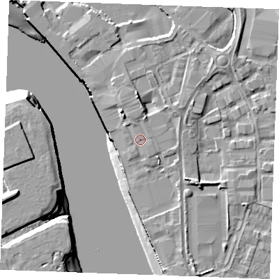 Shaded relief map of the ground around ME24HU, computed from Environment Agency LiDAR. The ground here sits at about 6 m above sea level and falls 12 m across the surrounding 800 m. Surface water reaching this point runs off ground lying to the north, 1.3 m higher.