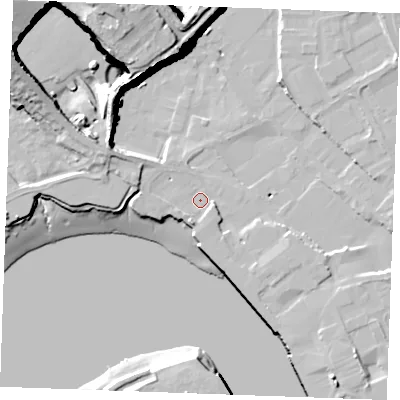 Shaded relief map of the ground around ME24HZ, computed from Environment Agency LiDAR. The ground here sits at about 4 m above sea level and falls 44 m across the surrounding 800 m. Surface water reaching this point runs off ground lying to the south-south-west, 2.4 m higher.