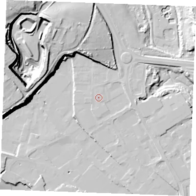 Shaded relief map of the ground around ME24JF, computed from Environment Agency LiDAR. The ground here sits at about 5 m above sea level and falls 39 m across the surrounding 800 m. The ground contributing surface water to this point lies to the west-south-west.