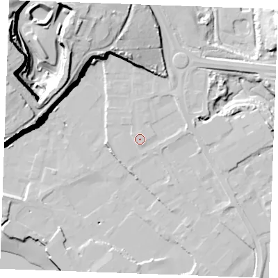 Shaded relief map of the ground around ME24JW, computed from Environment Agency LiDAR. The ground here sits at about 6 m above sea level and falls 41 m across the surrounding 800 m. Surface water reaching this point runs off ground lying to the west-north-west, 1.0 m higher.