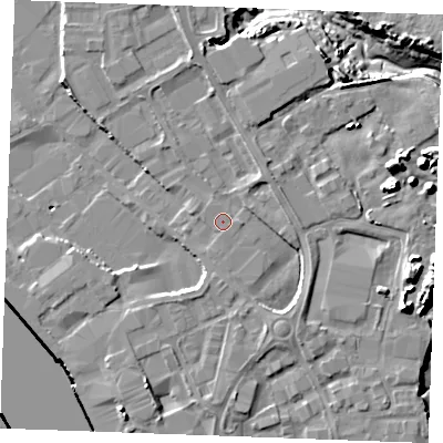 Shaded relief map of the ground around ME24LF, computed from Environment Agency LiDAR. The ground here sits at about 5 m above sea level and falls 16 m across the surrounding 800 m. The ground contributing surface water to this point lies to the west.