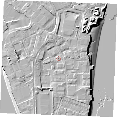 Shaded relief map of the ground around ME24LT, computed from Environment Agency LiDAR. The ground here sits at about 5 m above sea level and falls 16 m across the surrounding 800 m. Surface water reaching this point runs off ground lying to the south-south-west, 3.3 m higher.