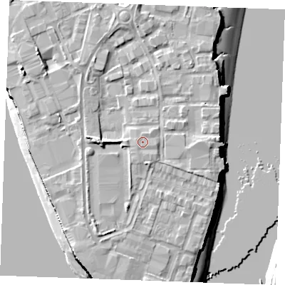 Shaded relief map of the ground around ME24LU, computed from Environment Agency LiDAR. The ground here sits at about 6 m above sea level and falls 12 m across the surrounding 800 m. The ground contributing surface water to this point lies to the north-east.