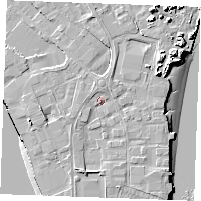 Shaded relief map of the ground around ME24LW, computed from Environment Agency LiDAR. The ground here sits at about 6 m above sea level and falls 16 m across the surrounding 800 m. Surface water reaching this point runs off ground lying to the south-west, 2.1 m higher.