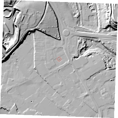 Shaded relief map of the ground around ME24LX, computed from Environment Agency LiDAR. The ground here sits at about 5 m above sea level and falls 36 m across the surrounding 800 m. Surface water reaching this point runs off ground lying to the east-south-east, 2.2 m higher.