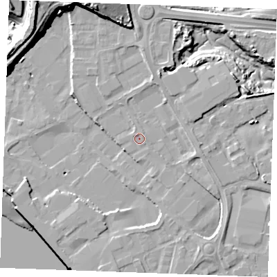 Shaded relief map of the ground around ME24LY, computed from Environment Agency LiDAR. The ground here sits at about 5 m above sea level and falls 37 m across the surrounding 800 m. Surface water reaching this point runs off ground lying to the west-north-west, 0.8 m higher.