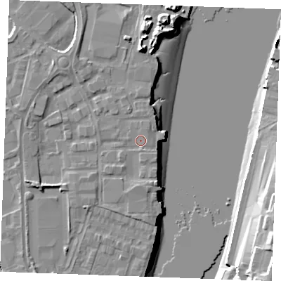 Shaded relief map of the ground around ME24NA, computed from Environment Agency LiDAR. The ground here sits at about 5 m above sea level and falls 21 m across the surrounding 800 m. Surface water reaching this point runs off ground lying to the south-south-east, 1.8 m higher.