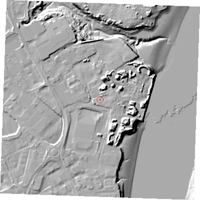 Shaded relief map of the ground around ME24NF, computed from Environment Agency LiDAR. The ground here sits at about 5 m above sea level and falls 15 m across the surrounding 800 m. Surface water reaching this point runs off ground lying to the north-north-east, 4.7 m higher.