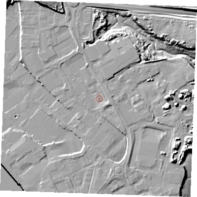 Shaded relief map of the ground around ME24NP, computed from Environment Agency LiDAR. The ground here sits at about 5 m above sea level and falls 27 m across the surrounding 800 m. Surface water reaching this point runs off ground lying to the south-south-east, 2.6 m higher.