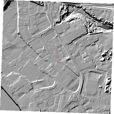 Shaded relief map of the ground around ME24NR, computed from Environment Agency LiDAR. The ground here sits at about 5 m above sea level and falls 30 m across the surrounding 800 m. Surface water reaching this point runs off ground lying to the north, 3.5 m higher.