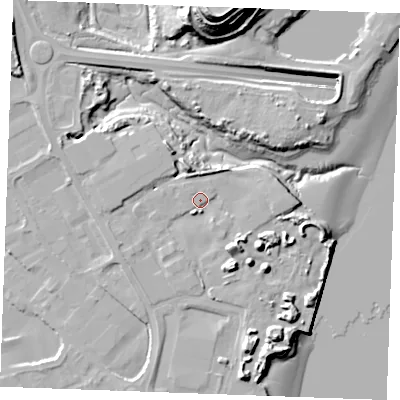 Shaded relief map of the ground around ME24NS, computed from Environment Agency LiDAR. The ground here sits at about 5 m above sea level and falls 38 m across the surrounding 800 m. Surface water reaching this point runs off ground lying to the south-south-east, 9.1 m higher.