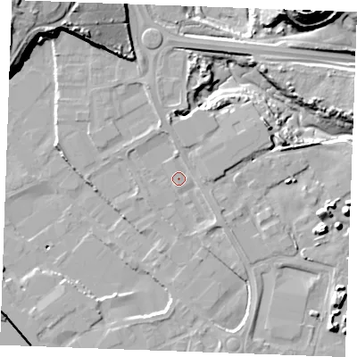 Shaded relief map of the ground around ME24NW, computed from Environment Agency LiDAR. The ground here sits at about 5 m above sea level and falls 33 m across the surrounding 800 m. Surface water reaching this point runs off ground lying to the north, 3.5 m higher.
