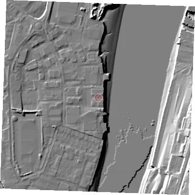 Shaded relief map of the ground around ME24NZ, computed from Environment Agency LiDAR. The ground here sits at about 6 m above sea level and falls 25 m across the surrounding 800 m. Surface water reaching this point runs off ground lying to the north-east, 1.1 m higher.