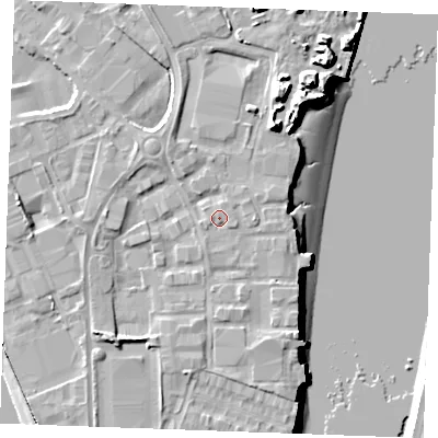 Shaded relief map of the ground around ME24QP, computed from Environment Agency LiDAR. The ground here sits at about 6 m above sea level and falls 16 m across the surrounding 800 m. Surface water reaching this point runs off ground lying to the east, 1.3 m higher.