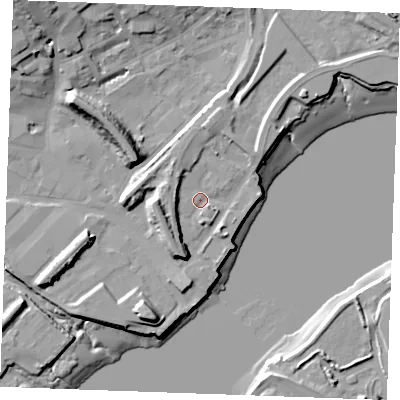 Shaded relief map of the ground around ME24QS, computed from Environment Agency LiDAR. The ground here sits at about 4 m above sea level and falls 21 m across the surrounding 800 m. Surface water reaching this point runs off ground lying to the south-west, 5.6 m higher.