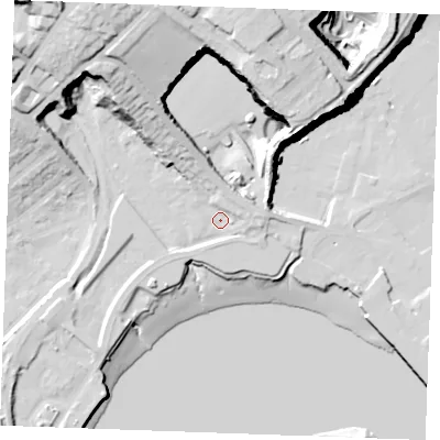 Shaded relief map of the ground around ME24QT, computed from Environment Agency LiDAR. The ground here sits at about 5 m above sea level and falls 45 m across the surrounding 800 m. Surface water reaching this point runs off ground lying to the north, 37.9 m higher.