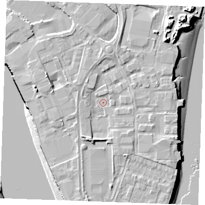 Shaded relief map of the ground around ME24QW, computed from Environment Agency LiDAR. The ground here sits at about 5 m above sea level and falls 16 m across the surrounding 800 m. Surface water reaching this point runs off ground lying to the south-south-west, 3.3 m higher.