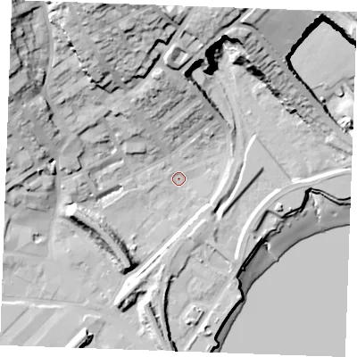 Shaded relief map of the ground around ME24SB, computed from Environment Agency LiDAR. The ground here sits at about 3 m above sea level and falls 44 m across the surrounding 800 m. Surface water reaching this point runs off ground lying to the north-north-west, 30.8 m higher.