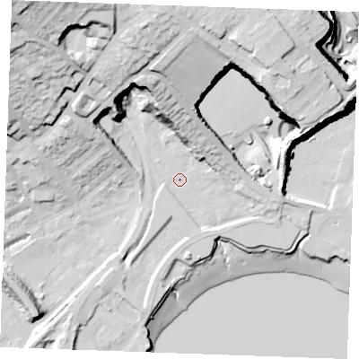Shaded relief map of the ground around ME24SF, computed from Environment Agency LiDAR. The ground here sits at about 5 m above sea level and falls 48 m across the surrounding 800 m. Surface water reaching this point runs off ground lying to the north-north-east, 38.1 m higher.