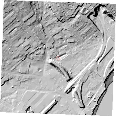 Shaded relief map of the ground around ME24SG, computed from Environment Agency LiDAR. The ground here sits at about 4 m above sea level and falls 43 m across the surrounding 800 m. Surface water reaching this point runs off ground lying to the west-south-west, 11.3 m higher.