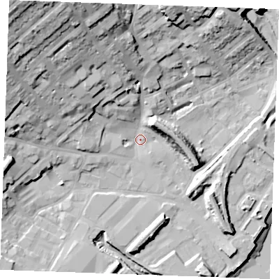 Shaded relief map of the ground around ME24SH, computed from Environment Agency LiDAR. The ground here sits at about 4 m above sea level and falls 39 m across the surrounding 800 m. Surface water reaching this point runs off ground lying to the north-west, 32.5 m higher.