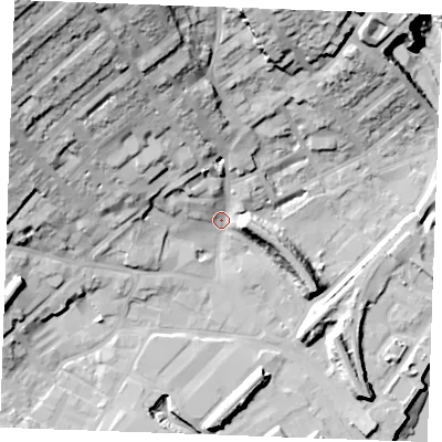 Shaded relief map of the ground around ME24SJ, computed from Environment Agency LiDAR. The ground here sits at about 5 m above sea level and falls 45 m across the surrounding 800 m. Surface water reaching this point runs off ground lying to the north-north-west, 34.5 m higher.